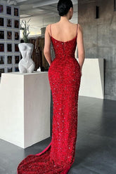 Red Spaghetti Straps Mermaid Evening Dress with Split Sequins
